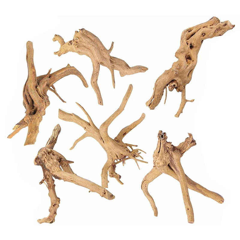 Aquarium Driftwood Decoration Fish for Tank Log Hideout Natural Decor Betta Ornaments 6-Piece Set Irregular 4