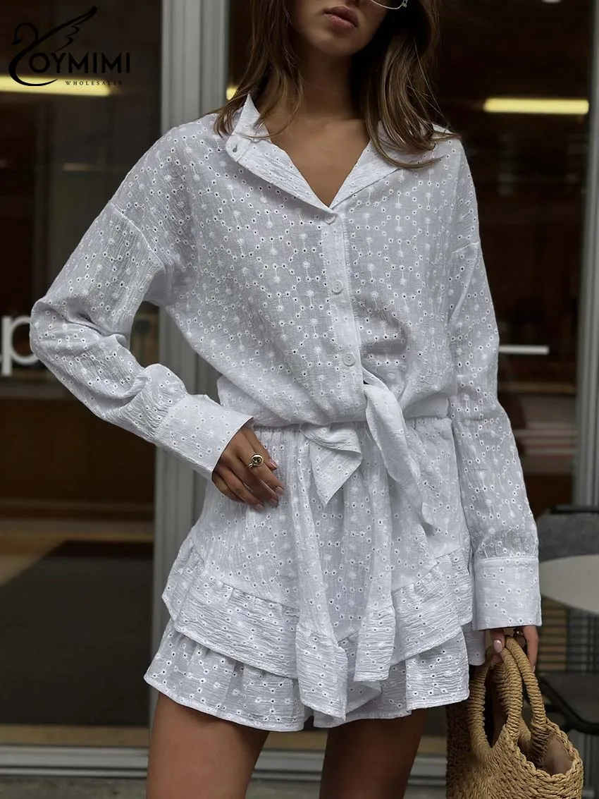 Oymimi Elegant White Cotton Women\'s Two Pieces Set Fashion Long Sleeve Button Shirts And High Waist Ruffled Mini Skirts Sets