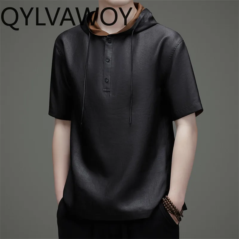 QYLVAWOY T Shirt Hooded Shirts 2026 Summer Tops 100% Mulberry Silk Men's Shirts Short Sleeve Thin T Shirt Homme Футболка Black