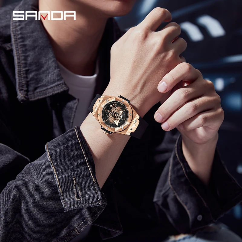 SANDA Designer New Fashion Men Luxury Rose Gold Watch  Rubber Strap Hollow Dial Waterproof Quartz Wristwatch Relógio masculino