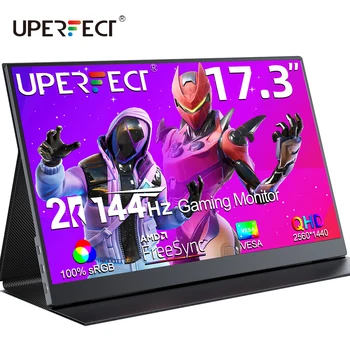 UPERFECT 2K 144Hz 휴대용 모니터 게임 여행용 17.3 인치 2560x1440P IPS 스크린 노트북 전화 게임 콘솔 스팀 데크 PS4/5 스위치 HDR 디스플레이 (VESA 커버 스탠드 포함) 듀얼 스피커