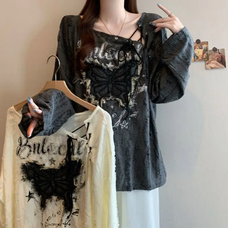 Large size women's clothing spring and autumn wrinkled hole design butterfly pattern drawstring irregular collar long sleeve top