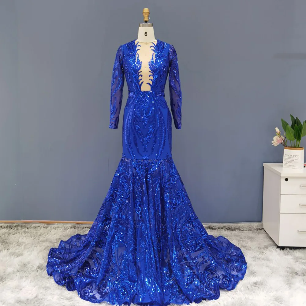 Jancember Royal Blue Mermaid African Prom Dresses Black Girls Elegant Long Sleeves Evening Party Graduation Dress Rm147