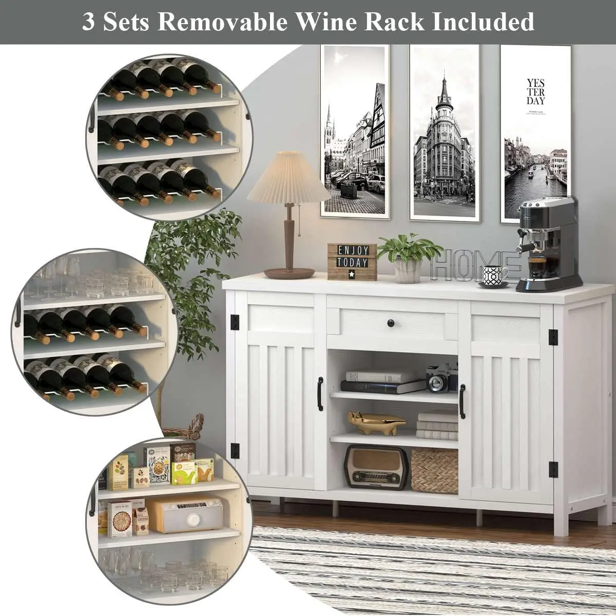 Aparador Buffet de Madeira Rústica Industrial com Wine Rack e Armazenamento, Farmhouse White Cabinet, Cozinha e Sala de Jantar Copos