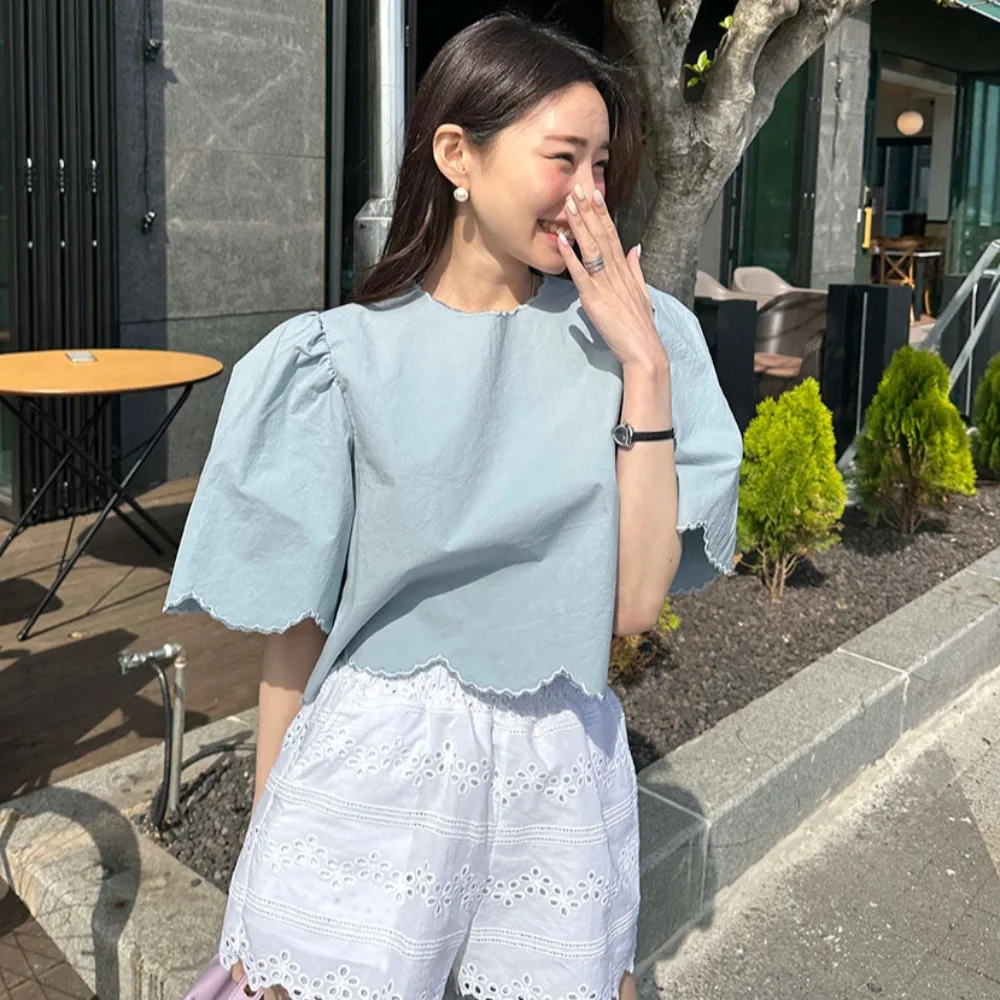 

Retro Chic Pure Color round Neck Embroidered Short Sleeve Shirt Women's Spring New Style Wave Short Top Korean Style Reg...