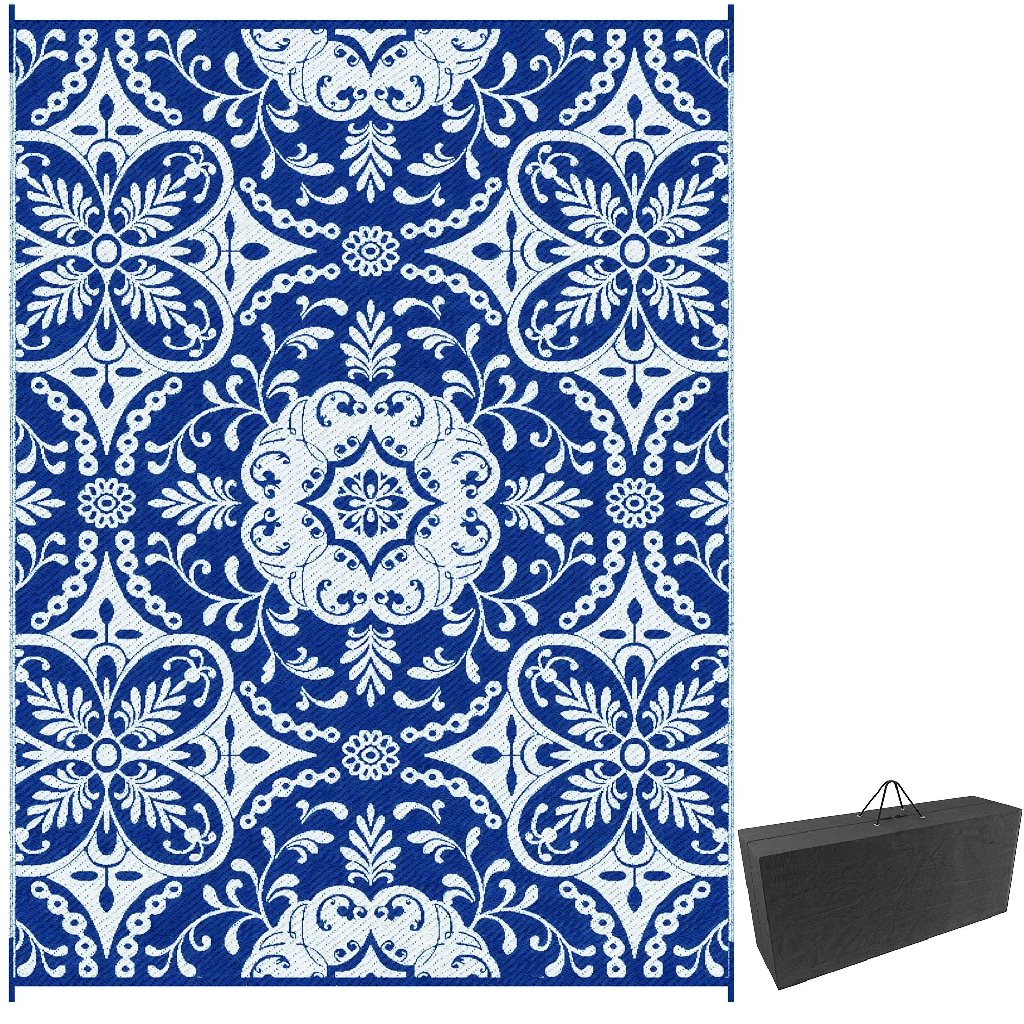 

For Outsunny RV Patio Rug 9x12 Blue White Floral Outdoor Carpet with Carry Bag