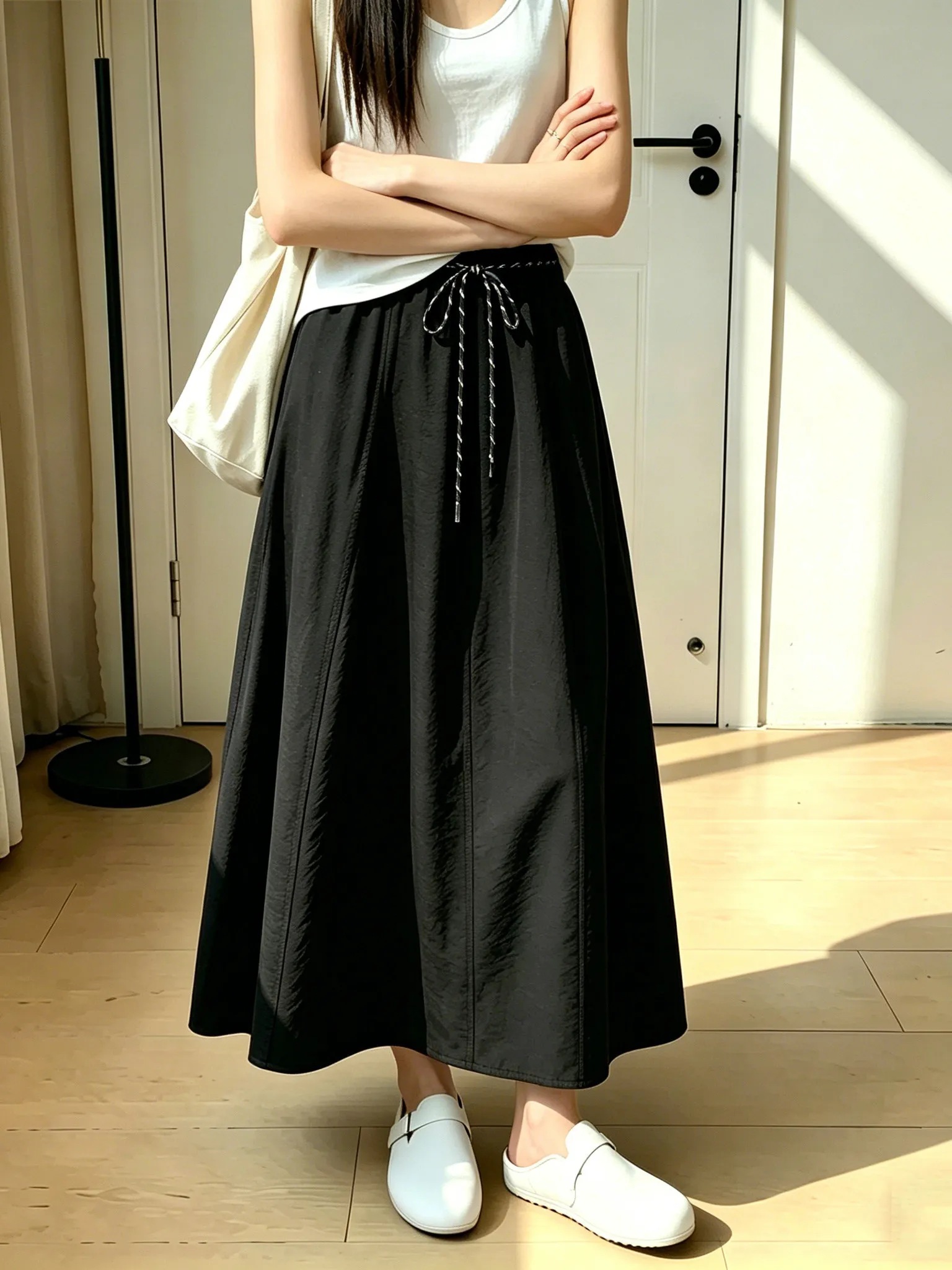 plus Size Ice Silk Quick Dry A-Line Midi Skirt Women's Summer Elastic Waist Slimming Workwear Half-length Skirt