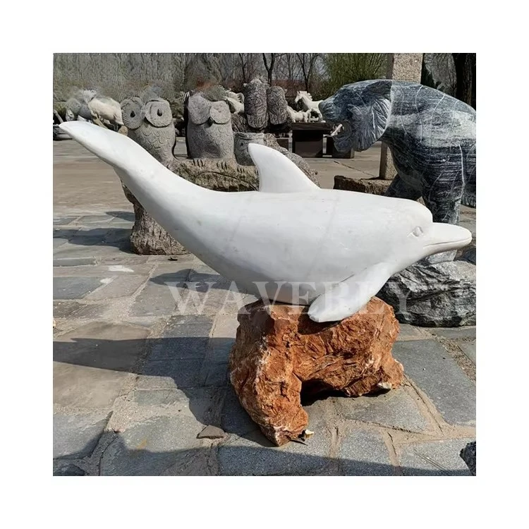Outdoor Garden Decoration Hand Carved Natural Stone White Marble Dolphin Fountain Sculpture