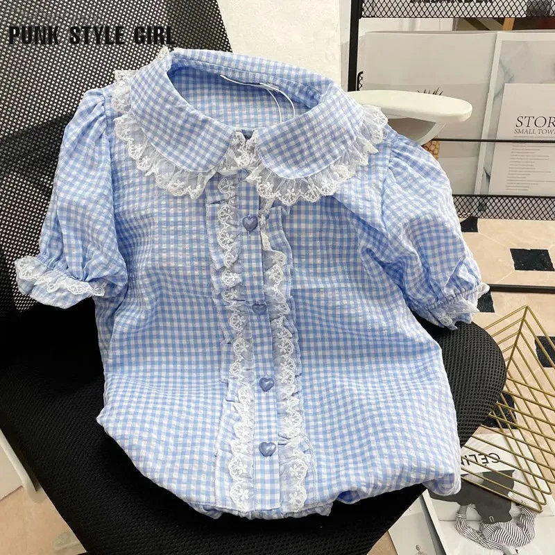 Lace Plaid Print Summer Women Kawaii Blouses Lolita Japanese JK Shirt Peter Pan Collar Cute Girls Sweet Puff Sleeve Blusas Mujer