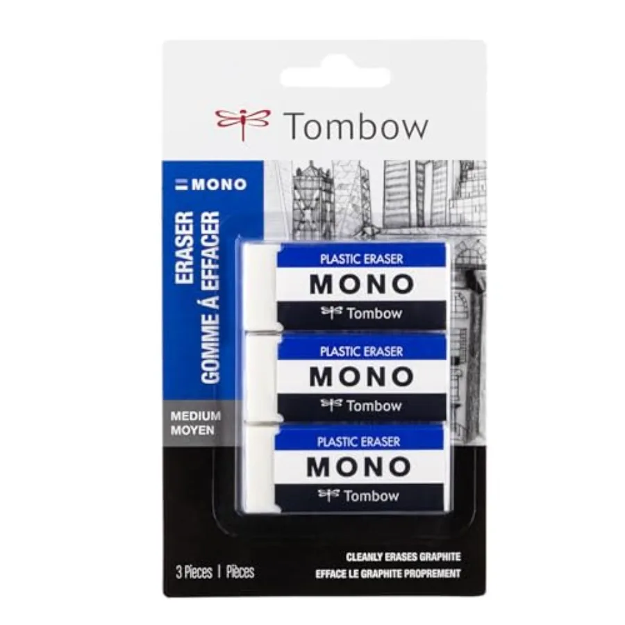 57324 MONO Eraser, White, Medium, 3-Pack. Cleanly Removes Marks Without Damaging Paper