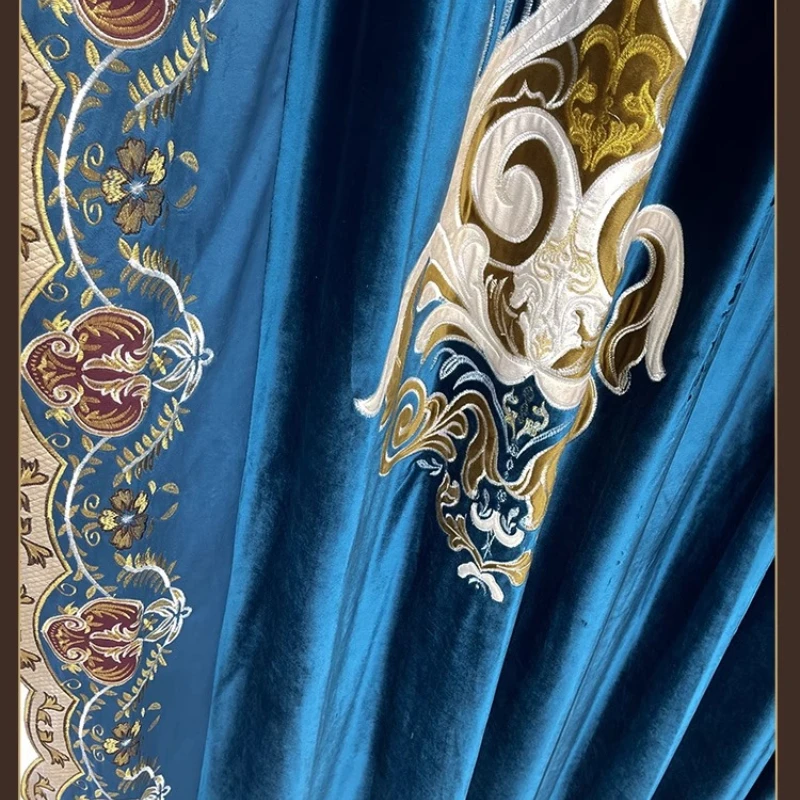 Luxurious European-style Living Room with Atmospheric Blue Velvet Embroidery Stitching and High-end Bedroom Balcony Custom Size