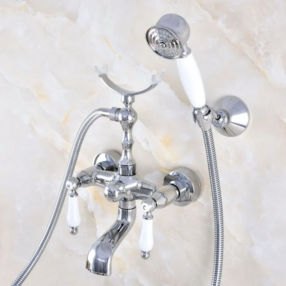 

Silver Chrome Brass Double Handle Wall Mounted Bathroom Tub Faucet Set with 1.5M Hand Held Shower Spray Mixer Tap 2na703