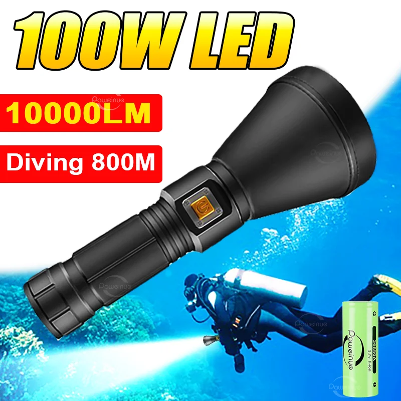 Powerful Professional Diving Flashlight 100W Underwater IPX8 Waterproof Dive Torch Strong Light Scuba Diving Flashlight Fishing