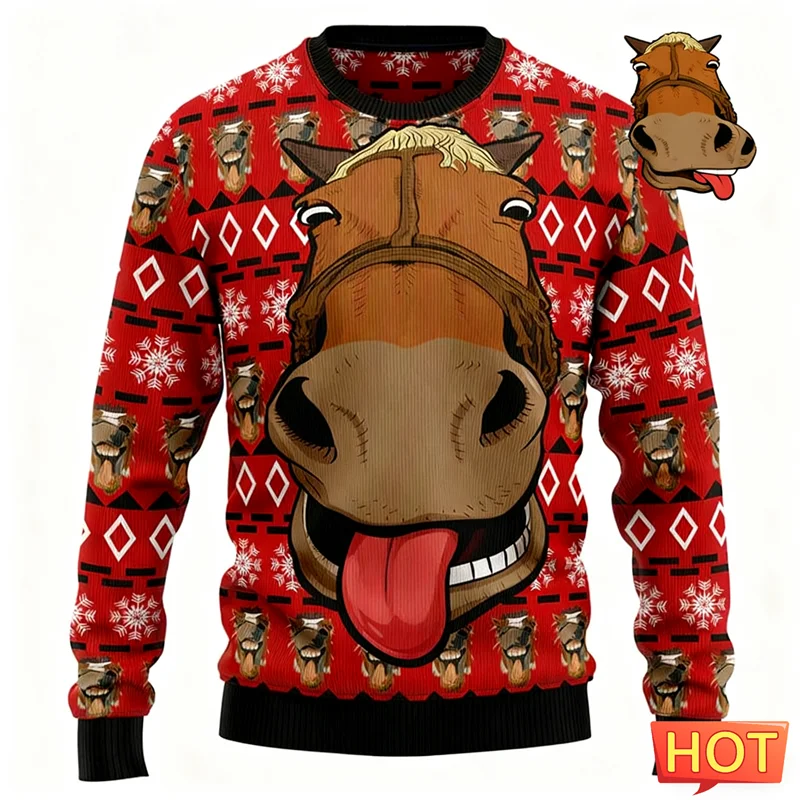 2026 New Funny Horse Face Graphic Ugly Christmas Hoodies Fashion Crew Neck 3D Printed Xmas Sweatshirts Casual Oversized Pullover