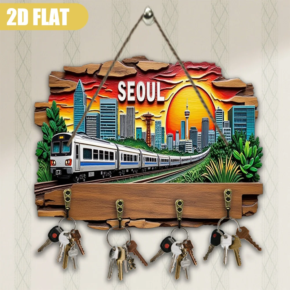 Gran imán y llavero de paisaje urbano de Seúl con temática coreana, colgador de pared de madera con torre Namsan, mapa del metro Gyeongbok Gonz y Seúl