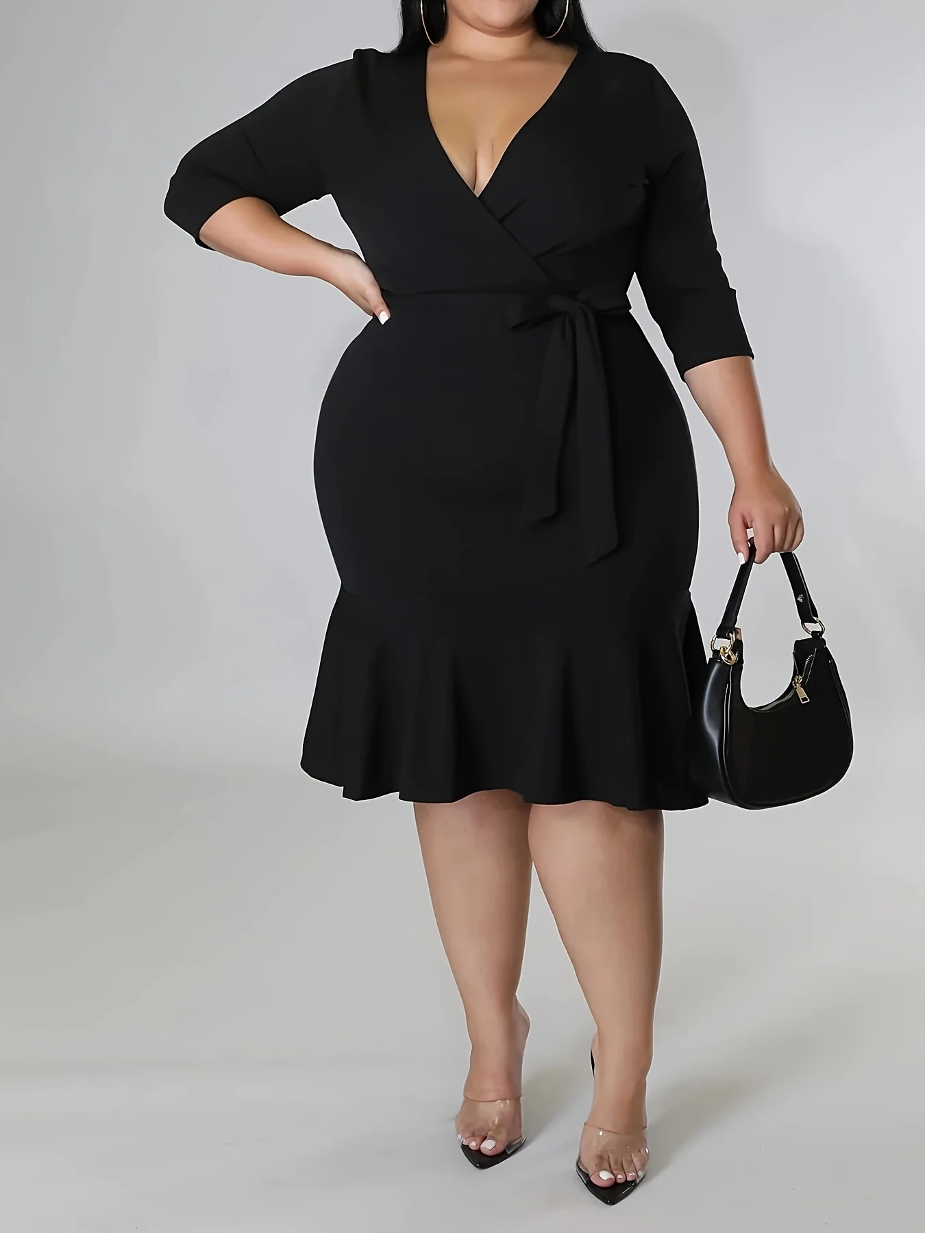 2024 Curve Plus Size Business Dress Office Commuter Wear V-neck Solid Color Bag Hip Lace-up Pleated Skirt Dating Party Work