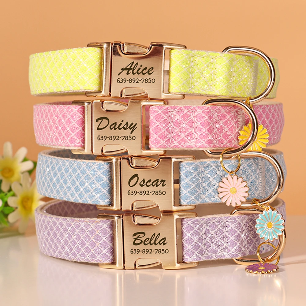 Personalized Dog Collar Bling Plaid Dog Buckle Collar Anti-lost Cute Flower Pendant Accessory For Small Medium Dogs Cats Pink