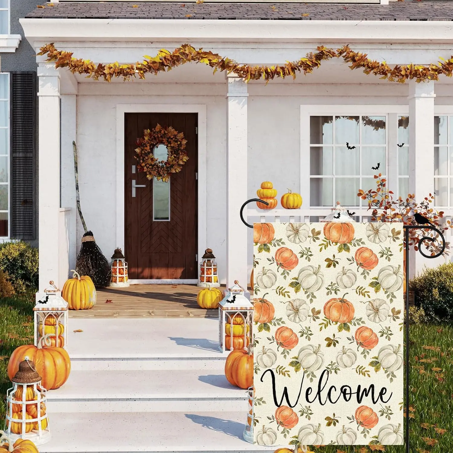 Fall Welcome Watercolor Pumpkins Eucalyptus Leaves Autumn Garden Flag Yard Flag 12x18 Inch Double Sided Small Mini Yard Outd LLE