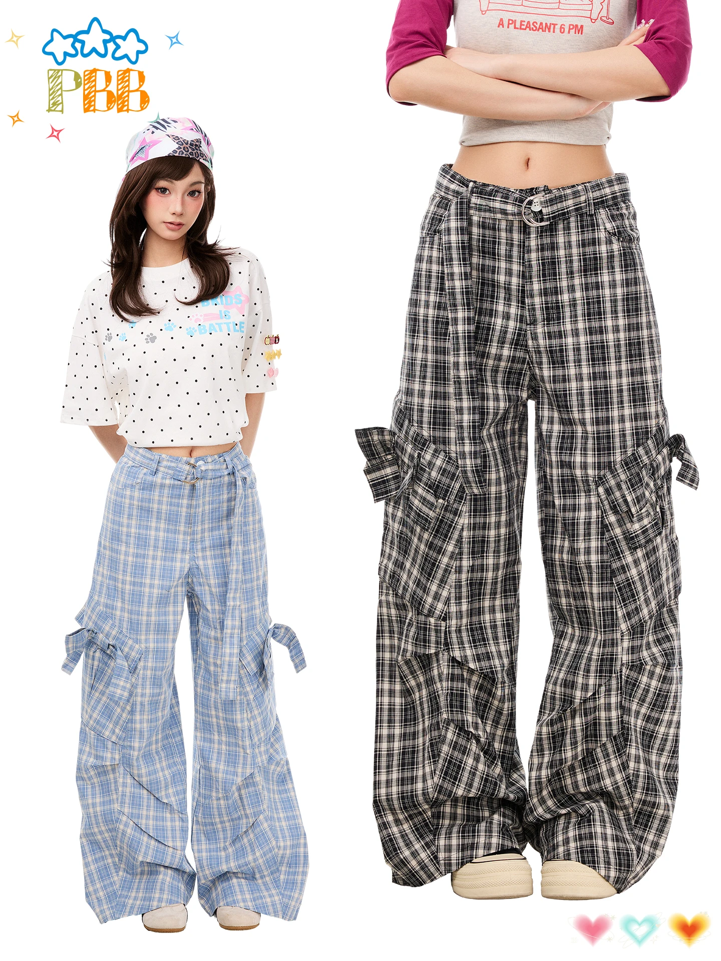 PBB American Retro Plaid Wide Leg Pants Women High Waist Pleated Loose Slimming Floor Length Multi Pocket Casual Trousers