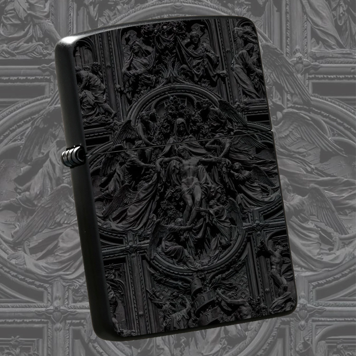 Dark Gothic Style Pieta Relief Pattern Vintage Matte Sturdy Body Windproof Reliable Ignition Device Artistic Religious Themed Collectible Exquisite Craftsmanship Unique Personalized Igniter For Daily Use Gifting A Fun And Humorous Lighter