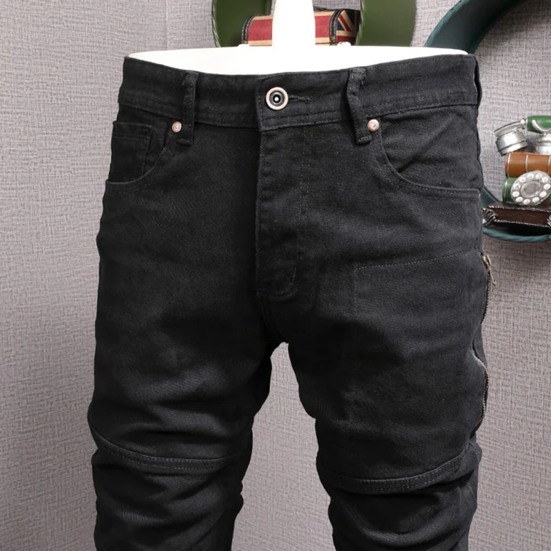 Fashion Designer Men Jeans High Quality Black Stretch Slim Fit Vintage Jeans Zipper Spliced Hip Hop Y2K Casual Denim Pants Homme
