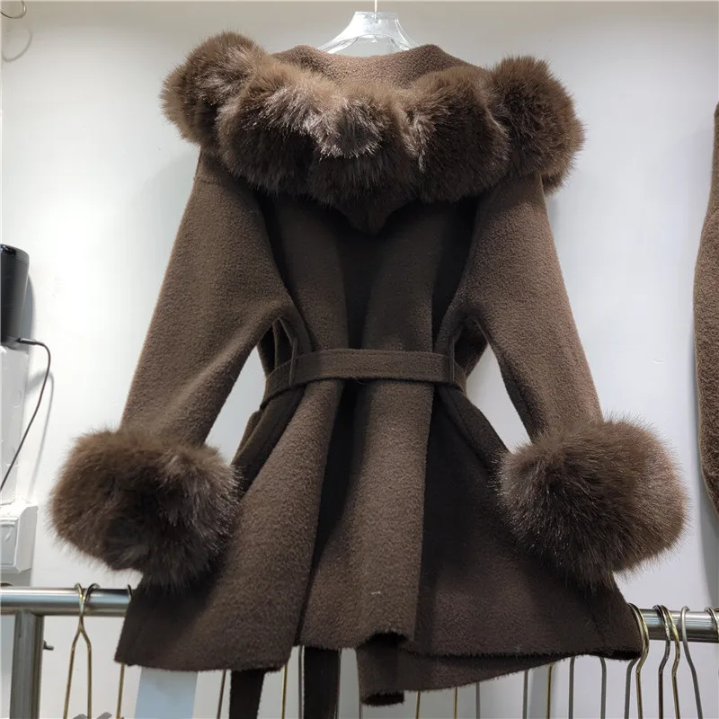 Clothland Women Sweet Fur Knitting Jacket Sashes Fur Spliced Long Sleeve Belt Female Chic Retro Coats Mujer CB404