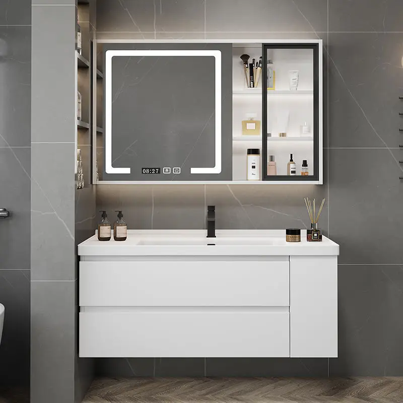 

Ceramic integrated basin, smart mirror, combination, gray door-less panel, solid wood bathroom cabinet.