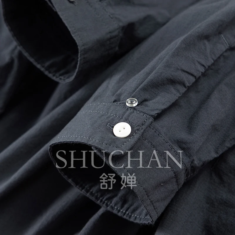 loose high style, early autumn pure cotton dark pattern fine grid small stand-up collar shirt women's 01E9 special