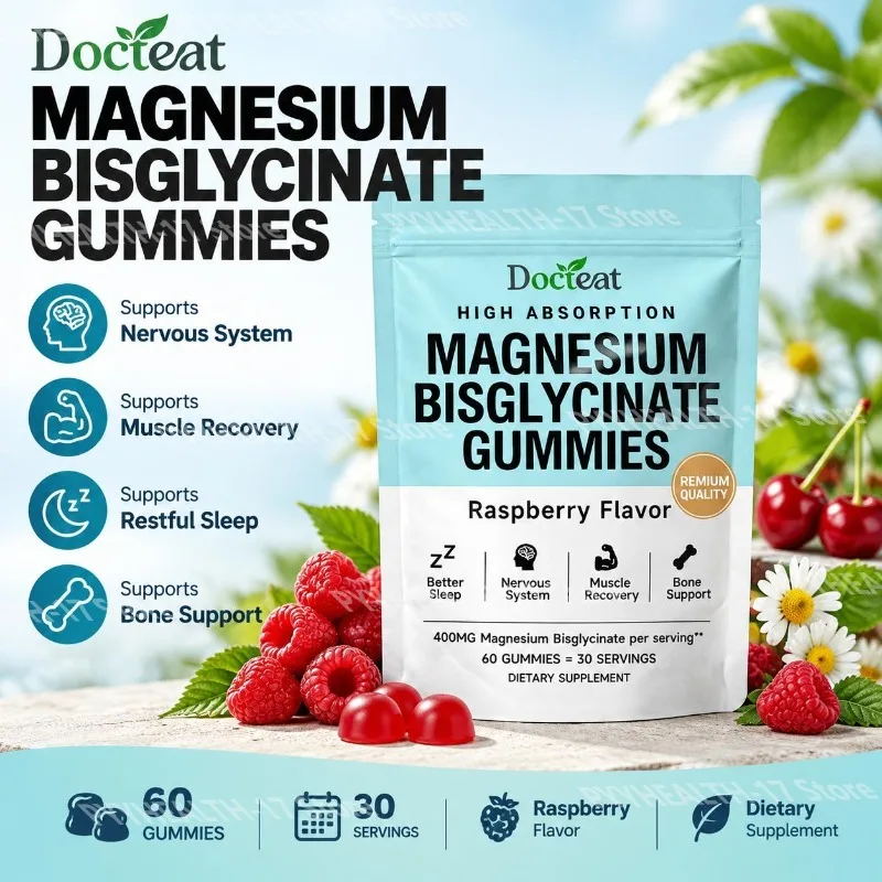 Docteat Magnesium Bisglycinate Gummies for Nervous System and Muscle Recovery Support Raspberry Flavor 60 Gummies