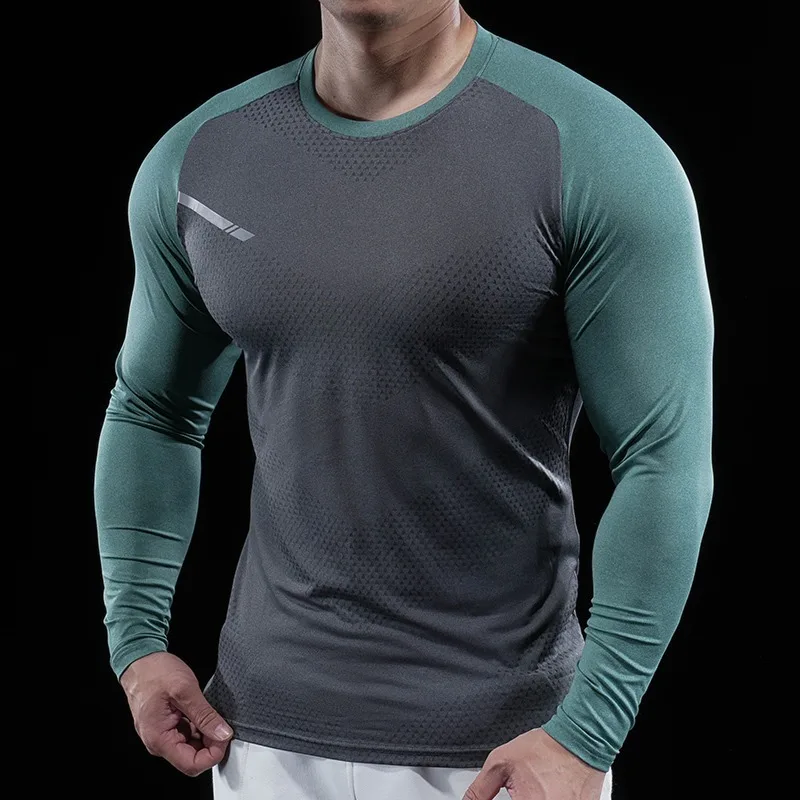 Autumn Winter Men Gym Fitness Display Long Sleeve T-Shirt Crew Neck Elastic Moisture Wicking Tights Running Training Bottom Top