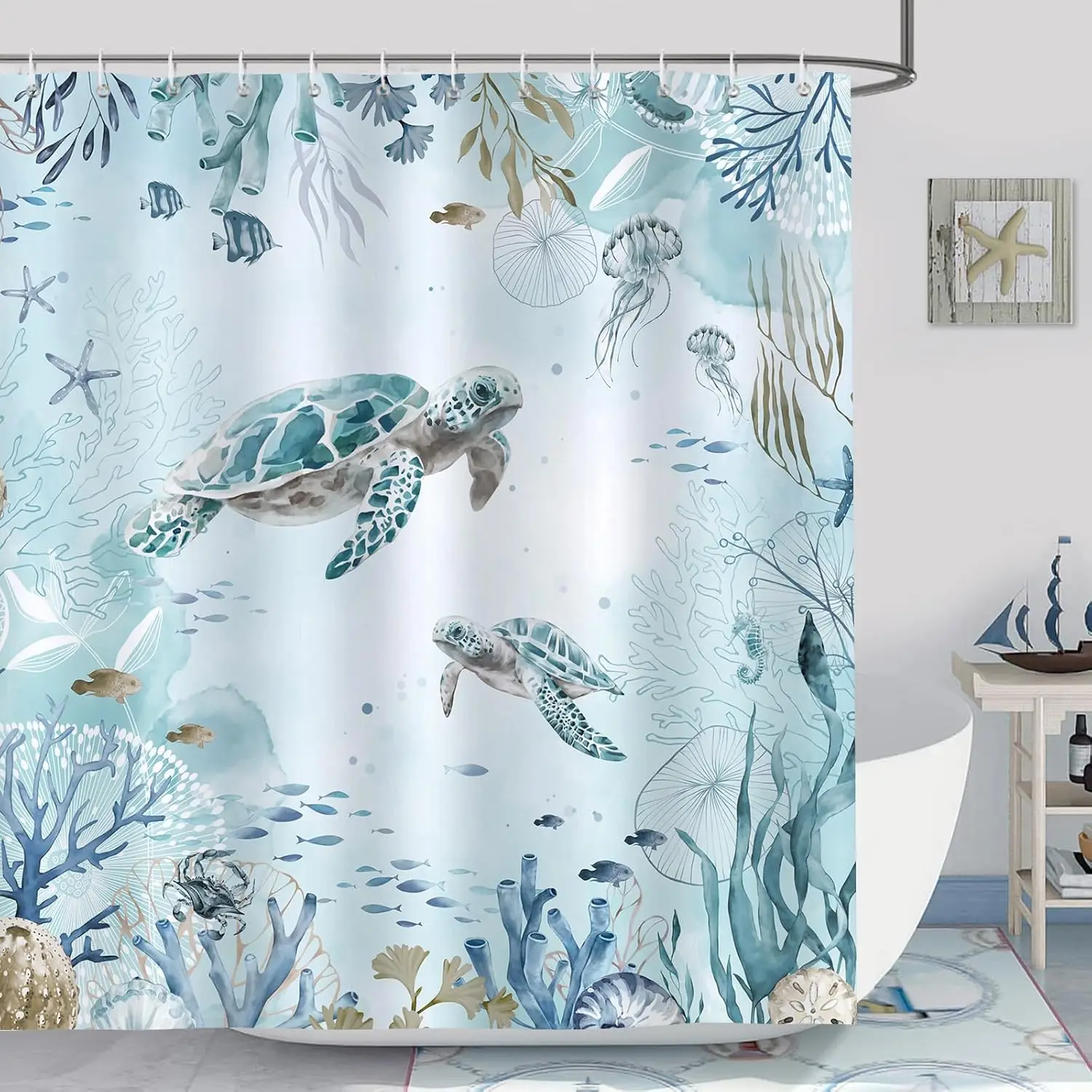 

Sea Turtle Shower Curtain, Teal Blue Ocean Beach Coastal Bathroom Decor 72x72 Inch Waterproof Polyester Fabric with Hooks