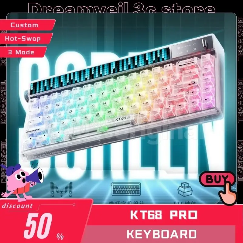 

KT68 Pro 3-Mode Mechanical Keyboard With Screen 68keys Hot-Swap TTC Kailh Switch RGB Custom Wireless Keyboard For PC Laptop Gift