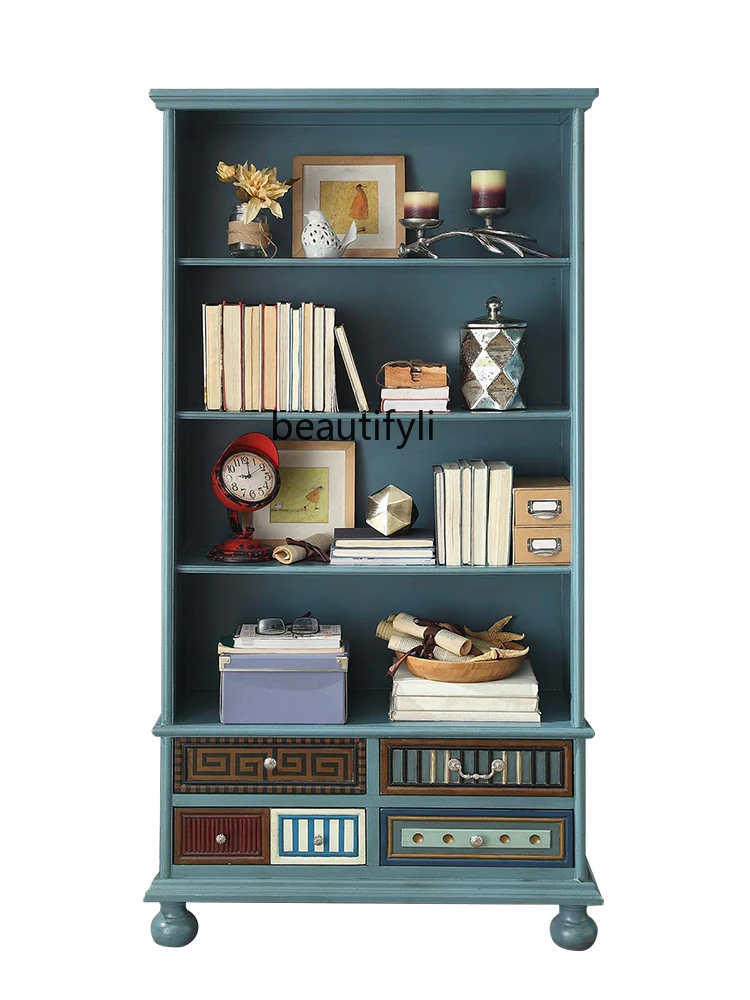 

American-Style Solid Wood Bookcase European-Style Retro Display Cabinet French Mediterranean Painted Children's Bookcase