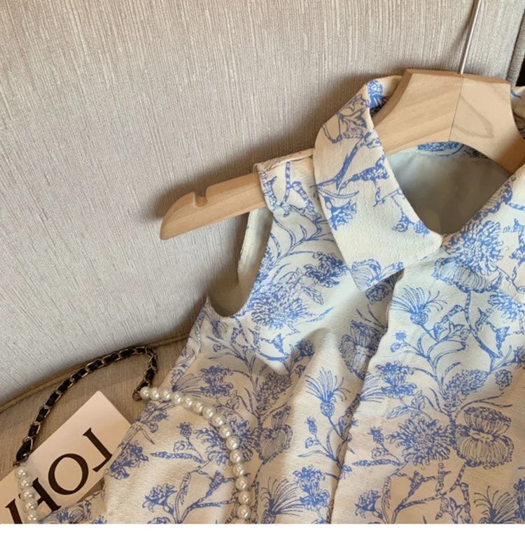 1-12Y Girls 2024 new dress ink painting foreign style new Chinese print Polo collar sleeveless summer temperament shoulder