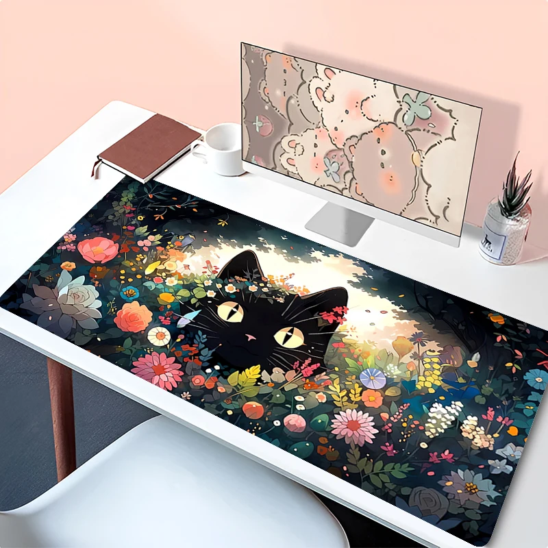 Green Plants Mouse Pad Computer Flowers Cat Gaming Desk Mat Large Anime Gamer Cabinet Mousepad Laptop Kawaii Extended Desk Mat