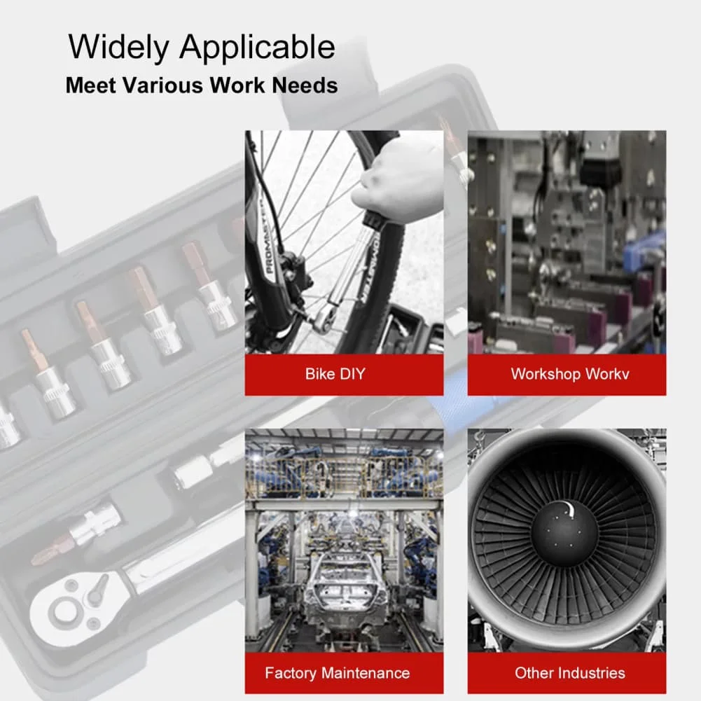 

Размер, как показано набор динамометрических ключей, 14 удлинителей в комплекте, 3 точность, диапазон крутящего момента 2–24 Нм, реверсивная трещотка с 72 зубьями