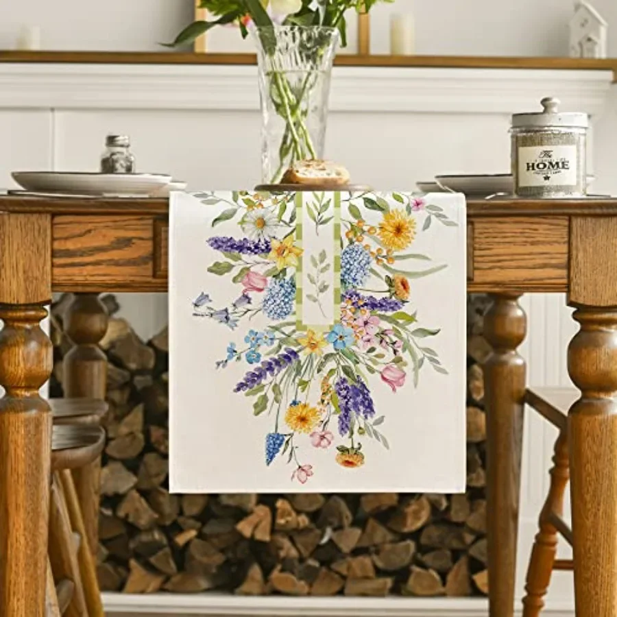 Bloom Flowers Florals Lavender Summer Table Runner, Seasonal Spring Holiday Kitchen Dining Table Decoration for Home Party Indo