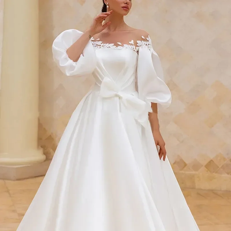 Robe de mariée en satin chic à manches bouffantes, robe de mariée trapèze, col rond, grande taille, princesse de plage, longue robe de mariée, décalcomanie, mode