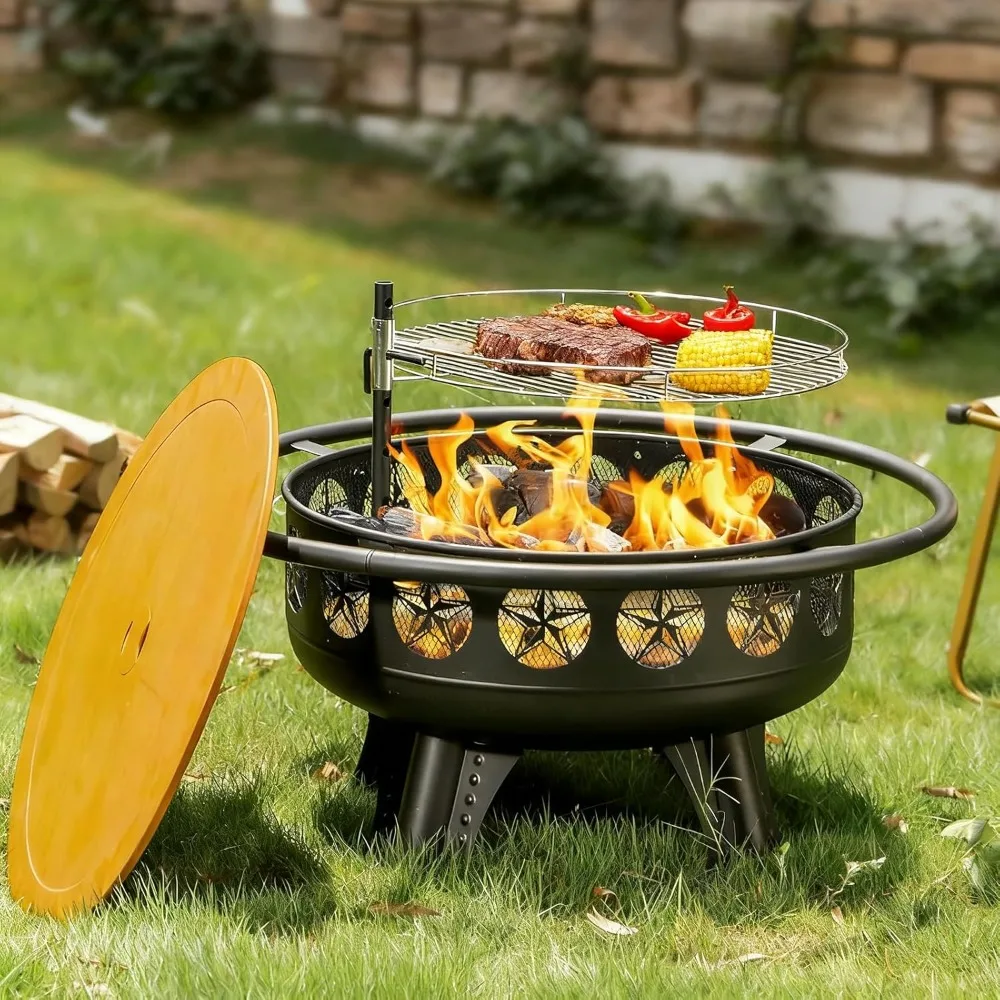 

32 Inch Fire Pit with Swivel Cooking Grate,3-in-1 Wood Burning Firepit with Grill,Outdoor Fire Pits Table with Metal Lid and Pok