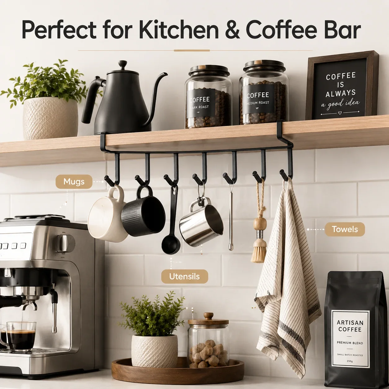 6 Hook Wall Mounted Hanger, No-Drill Kitchen Bathroom Towel Rack with Strong Adhesive, Space Saving
