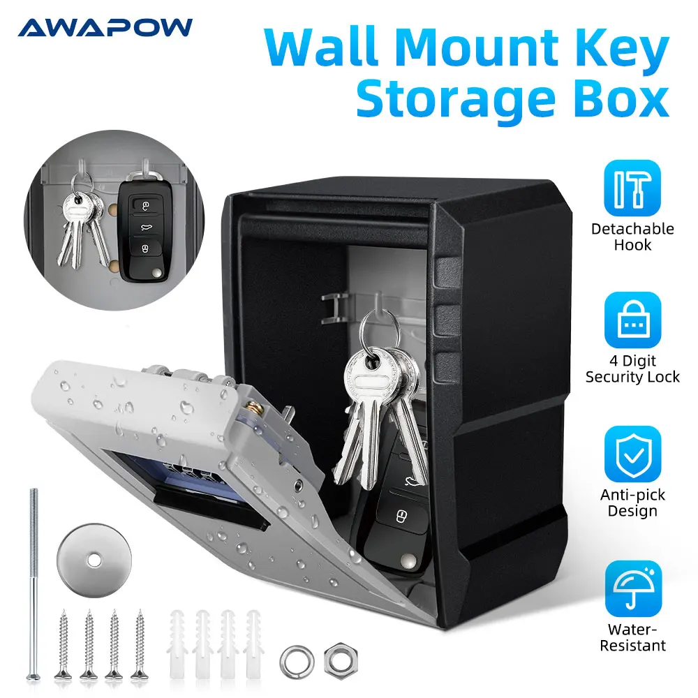 Awapow Metal Password Key Box Wall Mounted 4 Digits Password Storage Box Waterproof Anti Theft Safe Lock Large Capacity Keybox