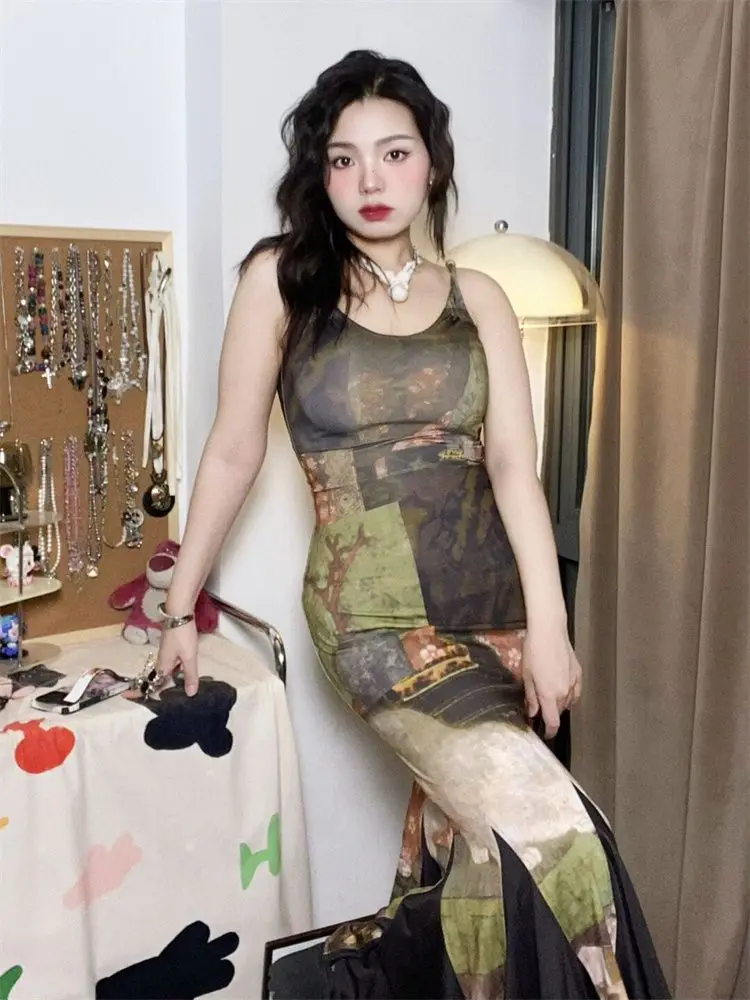 

Chinese Design Vintage Oil Print Long Dress Women Summer Maxi Dresses sleeveless elegant y2k bodycon slim Grunge Goth harajuku