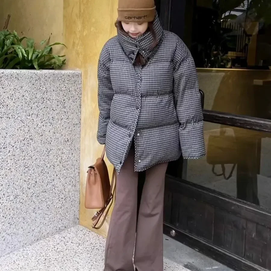 Korean Fashion Winter Lattice Jacket Women Bread Loose Stand Collar Female Down Cotton Parkas Down Coats 2026 New