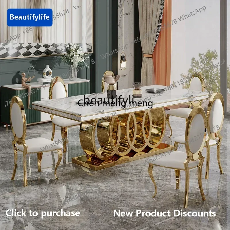 183Light luxury stainless steel golden rock slab dining table and chair combination household villa marble dining table6005