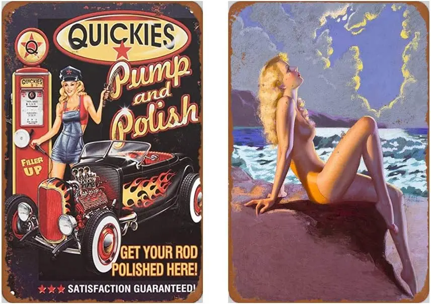 Dmxplus Metal Sign Set of 2 Tin Signs 8 x 12inches - Beach Sexy Pinup Girl Vintage Look Wall Decoration Bar Cafe Home Decor Plaq