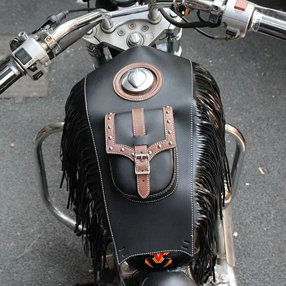 Motorcycle Black Fringed Gas Tank Cover Pouch Bag PU Leather For Harley Honda Suzuki Kawasaki Cruiser Chopper Cafe Racer Touring