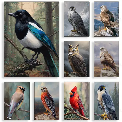 Forest Wild Bird Canvas Realistic Style Magpie Eagle Poster Parrot Eagle Owl Canvas Painting Prints Study Office Home Decor Gift
