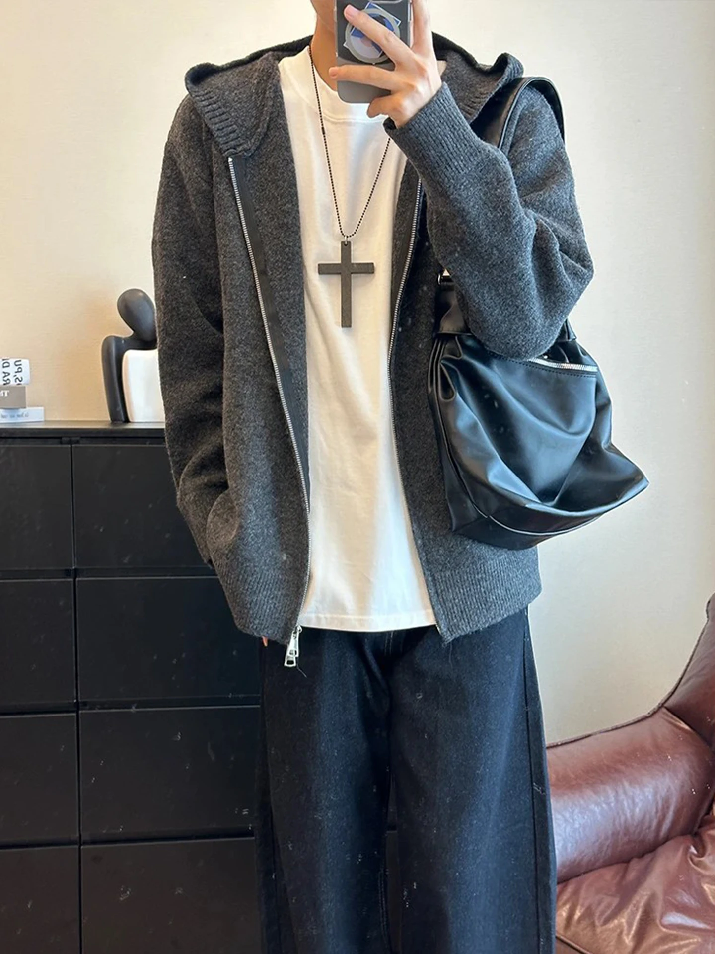 

Loose Fit Zip-Up Hoodie Knitted Sweater Men's Autumnal American Retro Sle Polyester Fiber Long Sve Casual Wear