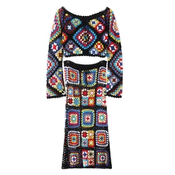 Hand-made Granny Square Hand Crochet Article Manual Hollow Out Knitted Sleeveless Tops Skirts Bohemian Embroidery Holiday