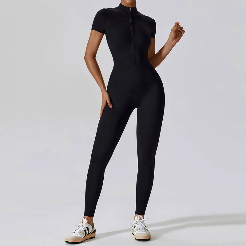 Summer Short Sleeved Zippering One-Piece Yoga Suit Dance Fitness Workout Set Stretch Bodysuit Gym Clothes Push Up Sportswear